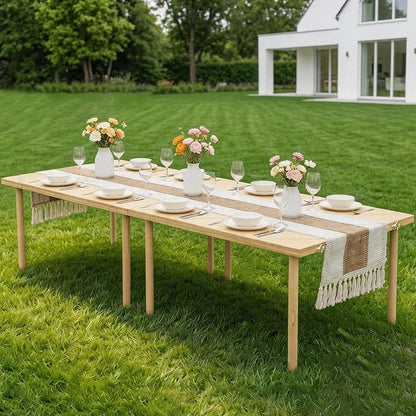 80"x30" Portable Boho Wooden Low Folding Picnic Table for Indoor Outdoor | Comes with Table Runner, Stable 8-leg Support & Thickened Structure, Thick Painted Tabletop Easy to Wipe, Fits 8-12 People