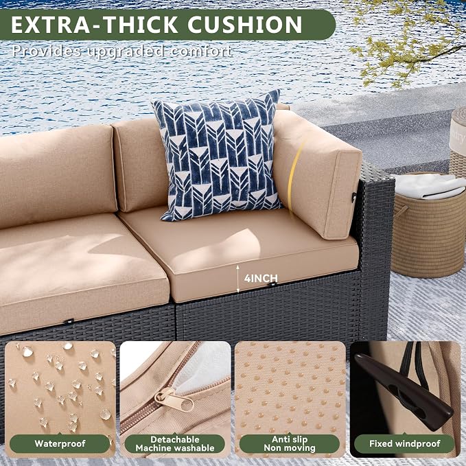 Aoxun 8 Piece Patio Furniture Set with 44” Fire Pit Table Wicker Patio Sectional Sofa Set Outdoor Seating Furniture with Thickened Cushion, Beige