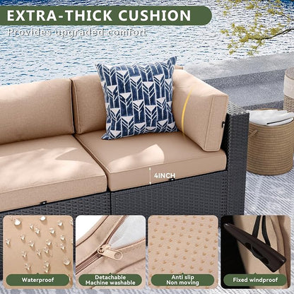 Aoxun 8 Piece Patio Furniture Set with 44” Fire Pit Table Wicker Patio Sectional Sofa Set Outdoor Seating Furniture with Thickened Cushion, Beige