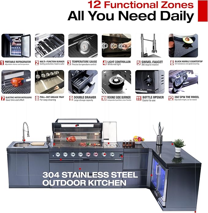 157" 6-Burner 96000 BTU Propane Gas Outdoor Kitchen Island - Stainless Steel Grill with Wine Cooler, Rotisserie, Granite Countertops, Storage Cabinets & Drawers,Black