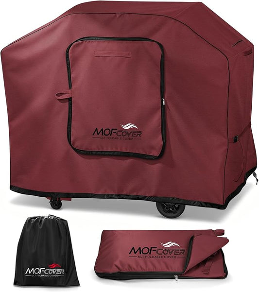 Exclusive Foldable 55 inch Grill Cover, 600D Heavy Duty Outdoor BBQ Cover for 3-4 Burners Grill, Waterproof Fade Resistant Barbecue Cover, Red