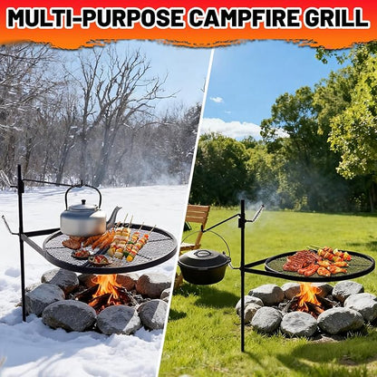 24" Fire Pit Campfire Grill Grate, Foldable Open Fire Cooking Grill Grate Portable Round Camping Cooking Barbecue Rack Heavy-duty, Easy Setup & Adjustable Height for Outdoor Camping BBQ