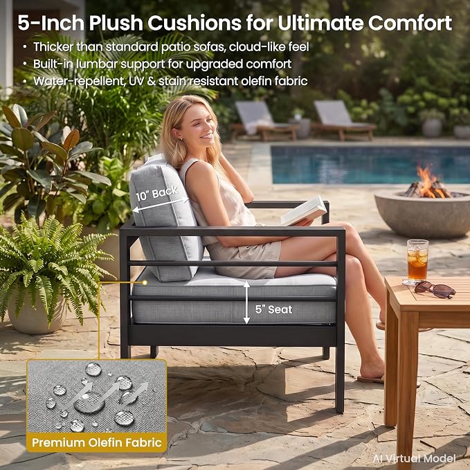 Kiss the Water Aluminum Patio Sofa, 2 PCS Light Grey Outdoor Couch | All-weather rust-proof aluminum frame with 5" thick olefin cushions, ideal for patio, backyard, or porch. Modern design.