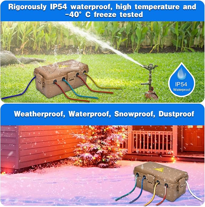 Hrensaw Medium Outdoor Electrical Box(10.6x5.5x4.5inch),Weatherproof Connection Box w/6 Cable Entry,IP54 Waterproof Extension Cord Cover Protect Power Strip,Timer,Plug,Holiday Lights,Brown