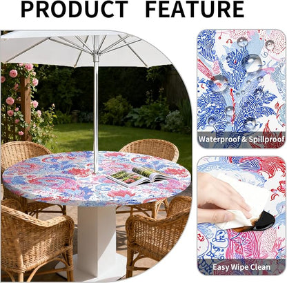 Outdoor Tablecloth with Umbrella Hole and Zipper Fits 53-60" Tables | Waterproof Round Fitted Tablecloth with Elastic Edge, Wipeable Outdoor Table Cover for Patio, Garden, Picnic