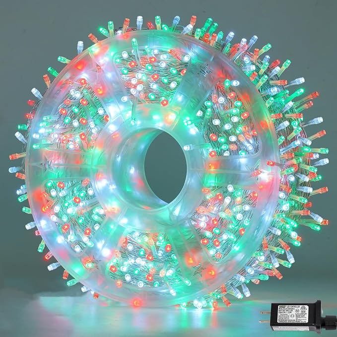 YEGUO 165ft 500 LED String Lights Outdoor Waterproof, Clear Wire Christmas Lights Indoor Plug in, 8 Modes Fairy Light for Bedroom Classroom Party Tree Decor(Red White and Green)