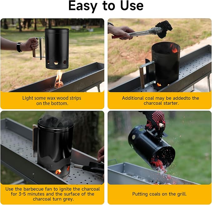 WILLBBQ Charcoal Chimney Starter Great for Fireplace, BBQ, Fire Pits, Barbecues, Chimineas, Campfires, Pizza Ovens - Zinc Steel BBQ Kit, 20 Starters, Heat Resistant Gloves Blower (Bright Black)