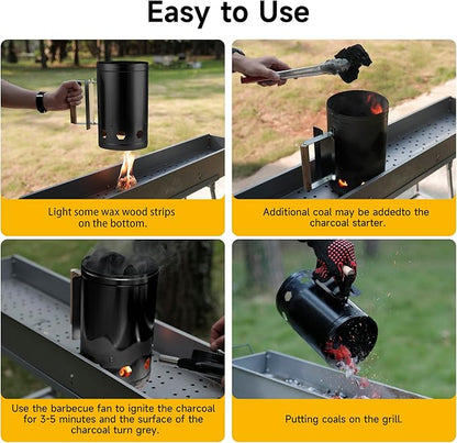 WILLBBQ Charcoal Chimney Starter Great for Fireplace, BBQ, Fire Pits, Barbecues, Chimineas, Campfires, Pizza Ovens - Zinc Steel BBQ Kit, 20 Starters, Heat Resistant Gloves Blower (Bright Black)