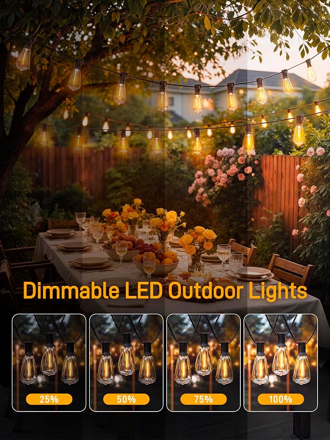 Guhope Outdoor String Lights Dimmable with Remote, 100 FT Outdoor Lights with 2 Timer and 3 Mode, Waterproof & Shatterproof Patio Lights, 2200K Energy Saving String Lights 3 Spare Bulbs for Patio Yard