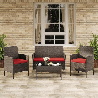 4-Piece Outdoor Furniture Set, PE Rattan Wicker Chairs with Soft Cushions & Tempered Glass Coffee Table - All-Weather Patio Set for Garden, Backyard, Porch, Poolside (Brown/Red)