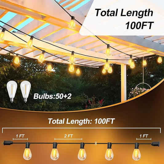 CABOCASA Outdoor String Lights 100FT for Outside Patio Lights with 50+2 Shatterproof S14 LED Dimmable Bulb, Outside Hanging Light Waterproof for Porch Garden Fences Backyard Balcony Pathways 2700K