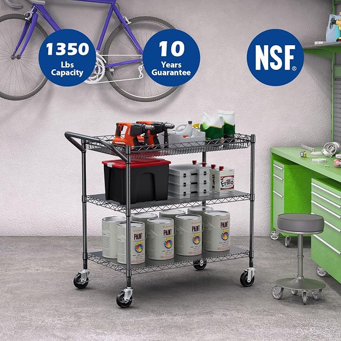 1350Lbs Capacity Heavy Duty Rolling Utility Cart, NSF Rolling Carts with Wheels,Commercial Grade Metal Cart with Handle Bar & Shelf Liner,Trolley Serving Cart for Restaurant,Kitchen,Black