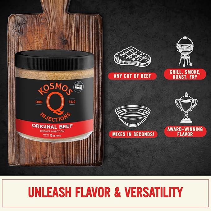Kosmos Q Original BBQ Beef Injection, Award-Winning Brisket Marinade for Ribs, Roasts, & More, Moisture-Retaining Barbecue and Meat Seasoning, Tender Juicy Flavor, 16 Oz Jar