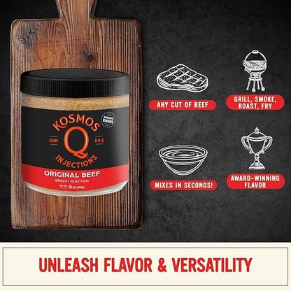 Kosmos Q Original BBQ Beef Injection, Award-Winning Brisket Marinade for Ribs, Roasts, & More, Moisture-Retaining Barbecue and Meat Seasoning, Tender Juicy Flavor, 16 Oz Jar