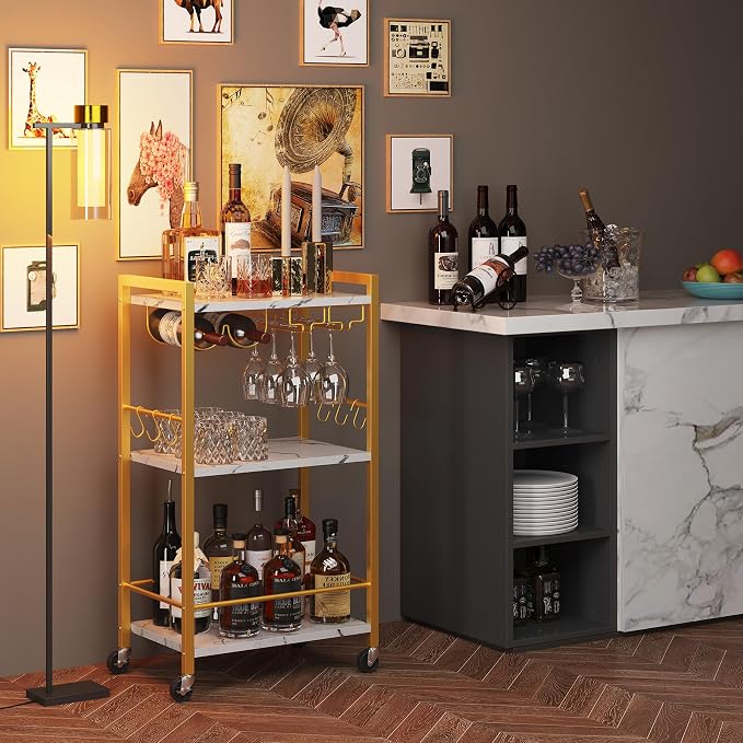 TUTOTAK Bar Cart with Wheels, Mini Drink Cart with Wine Rack & Glass Holder | 3-Tier 17 Inch Wide Home Bar Serving Carts, Small Mobile Kitchen Shelf with 6 Hooks, Marble Gold BC01BMG035