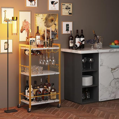 TUTOTAK Bar Cart with Wheels, Mini Drink Cart with Wine Rack & Glass Holder | 3-Tier 17 Inch Wide Home Bar Serving Carts, Small Mobile Kitchen Shelf with 6 Hooks, Marble Gold BC01BMG035