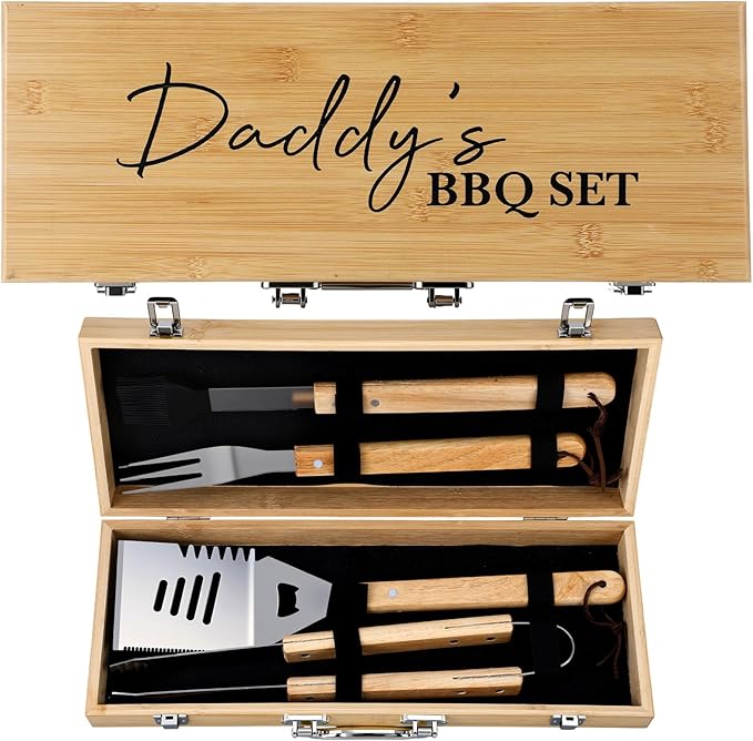 Pangda BBQ Accessories Grill Tools Set with Wooden Storage Case - 4 Pcs Grilling Accessories Gift for Dad Stainless Steel for Outdoor with Tongs Spatula Fork and Basting Brush Grilling Gifts