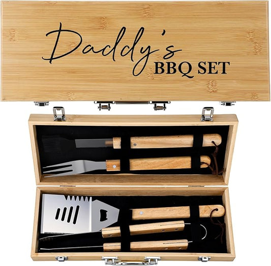 Pangda BBQ Accessories Grill Tools Set with Wooden Storage Case - 4 Pcs Grilling Accessories Gift for Dad Stainless Steel for Outdoor with Tongs Spatula Fork and Basting Brush Grilling Gifts