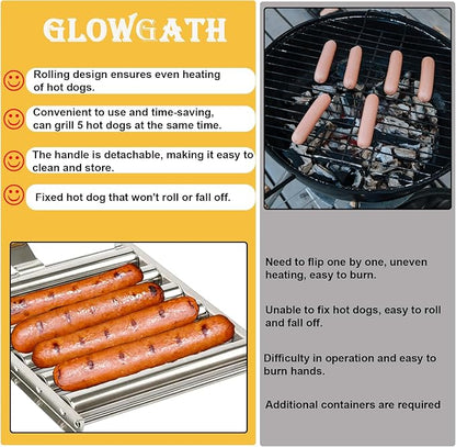 Hot Dog Roller Stainless Steel Sausage Roller Rack with Extra Wood Handle,BBQ Hot Dog Griller for Evenly Cooked Hot Dogs,5 Hot Dog Capacity,Grill Accessories with Tongs