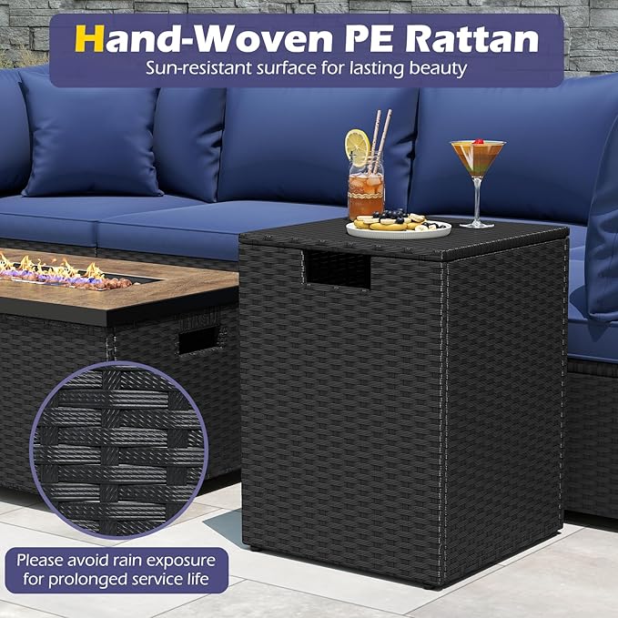 Tangkula Wicker Propane Tank Cover Table, 20 LB Gas Tank Holder Storage Box with Flip Lid & Adjustable Foot Pads, 16" Outdoor Rattan Hideaway Table for Gas Fire Pit, Grill, Griddle & Stove (Black)