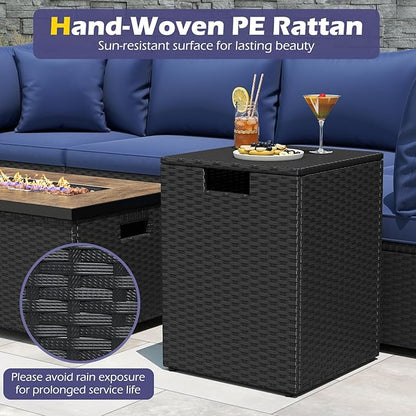 Tangkula Wicker Propane Tank Cover Table, 20 LB Gas Tank Holder Storage Box with Flip Lid & Adjustable Foot Pads, 16" Outdoor Rattan Hideaway Table for Gas Fire Pit, Grill, Griddle & Stove (Black)