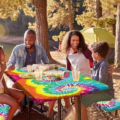 Rainbow Picnic Tablecloth and Bench Cover, 3 Piece Set, Digital Spiral Colored Psychedelic Fitted Table Cloths for Indoor Outdoor, Party, Patio Use, 72x28 in