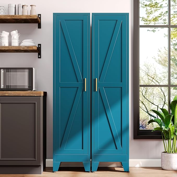 67“H Blue Narrow Kitchen Cabinet, Metal Skinny Pantry Storage Cabinet,Tall Narrow Bathroom Storage Cabinet with Adjustable Shelves,Slim and Thin Pantry Cabinets for Living Room Dining Room