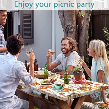 Waterproof Picnic Table Cover with Bench Covers, 3 Piece Set Fall Pumpkin Thanksgiving Tablecloth for 6ft Picnic Tables, Windproof Reusable Elastic Outdoor Patio Dining Cover for Camping, 30x60 Inch