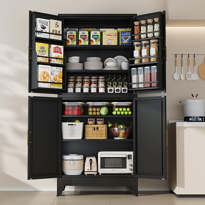 PAOFIN 75" H Metal Storage Cabinet, Pantry with 6 Door Shelves and 4 Adjustable Shelves, Leveling Foot for Kitchen, Living Room and Dinning Room, Black