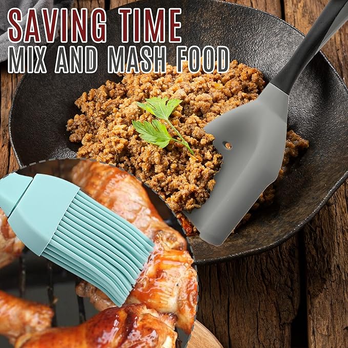 3-Piece Silicone Kitchen Utensil Set - 1 Flexible Turner and 2 Heat Resistant Basting Brushes, Non-Stick Cookware Safe Tools for Mixing, Flipping, Grilling