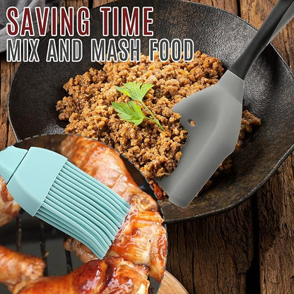 3-Piece Silicone Kitchen Utensil Set - 1 Flexible Turner and 2 Heat Resistant Basting Brushes, Non-Stick Cookware Safe Tools for Mixing, Flipping, Grilling