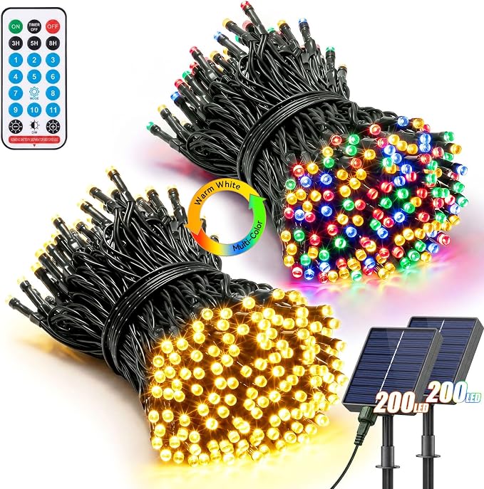 2 Pack 200LED Solar Christmas String Lights Outdoor Waterproof | Total 132FT Twinkle Lights with 8 Lighting Modes Remote for Outside Christmas Trees Decorations, Warm White & Multicolor