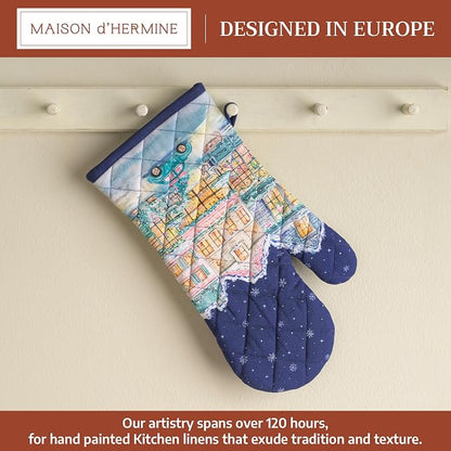 Maison d'Hermine Oven Gloves 100% Cotton Oven Mitt (7" x 13", Pack of 1) | With Loop Heat Resistant BBQ Cooking Gloves Baking Kitchen Handling Hot Pans Thanksgiving Christmas - Christmas Market - Blue
