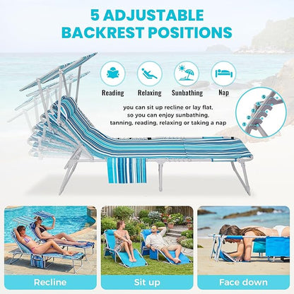 #WEJOY3in1 Tanning Chair with Face Hole & Canopy, 5-Pos Folding Face Down Lounge Chair for Outside Beach Pool, 300lbs Heavy Duty Portable Sun Lounger with Pillow Storage Bag(Bluestrips)