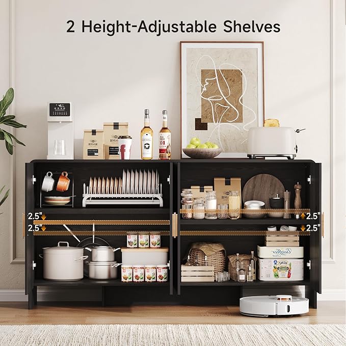 60" Sideboard Buffet Cabinet, Large Curved Design Storage Cabinet with 4 Doors & 2 Adjustable Shelves, Sturdy Build, Easy Assembly, Bar Console Fit for Dining Room/Living Room/Kitchen, Black