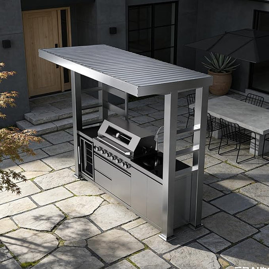 108-inch modular outdoor kitchen bar, 6-burner 85,000 BTU stainless steel outdoor kitchen grill island, refrigerator, grill, granite countertop, storage cabinets (Silver, 108"(Propane Gas))