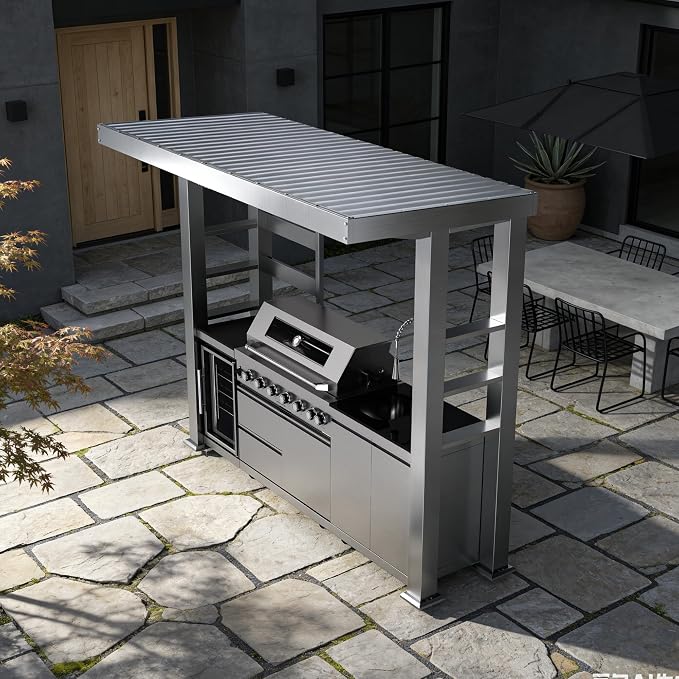 108-Inch 6-Burner 85000 BTU Propane Gas Grill Island with Shed, 304 Stainless Steel, 684 Sq.In Cooking Area, Wine Cooler, Rotisserie & Granite Countertops for Backyard BBQ, Sliver