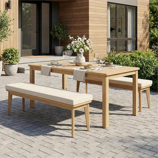 FansaFurn 3-Piece Patio Table and Chairs Set with Patio Bench and Removable Cushion，Patio Outdoor Dining Sets for 4, All-Weather Solid Wood Outdoor Patio Furniture Set for Garden Lawn, Beige