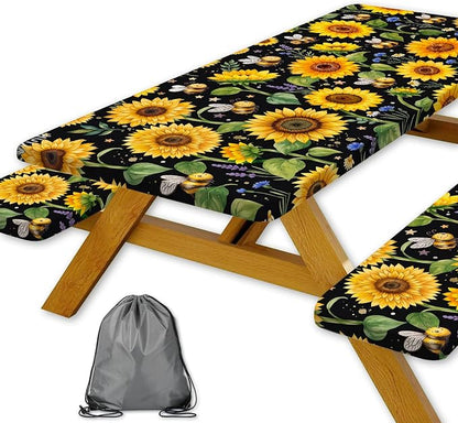 Sunflower Bee Picnic Table Cover with Bench Covers and Bag | Camping Essentials, Waterproof Windproof Camping Tablecloth with Elastic Edges, Fitted Rectangle Tables and Seats, 30x96 Inch