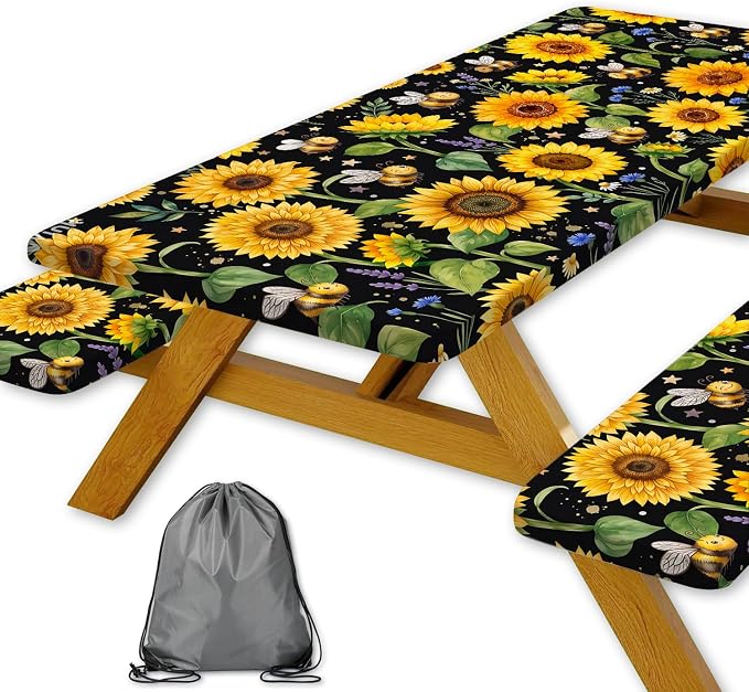 Sunflower Bee Picnic Table Cover with Bench Covers and Bag | Camping Essentials, Waterproof Windproof Camping Tablecloth with Elastic Edges, Fitted Rectangle Tables and Seats, 30x60 Inch
