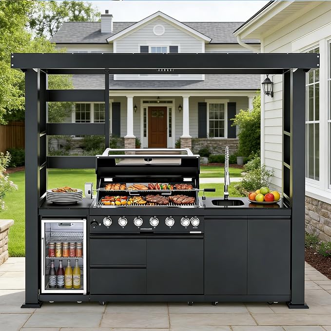108" Outdoor Kitchen Island Crafted from Stainless Steel,6-Burner 85,000 BTU Natural Gas Grill with Rotisserie Oven,Galvanized Steel Roof,Granite Countertops,Refrigerator,Storage,Sink.(Natural Gas)