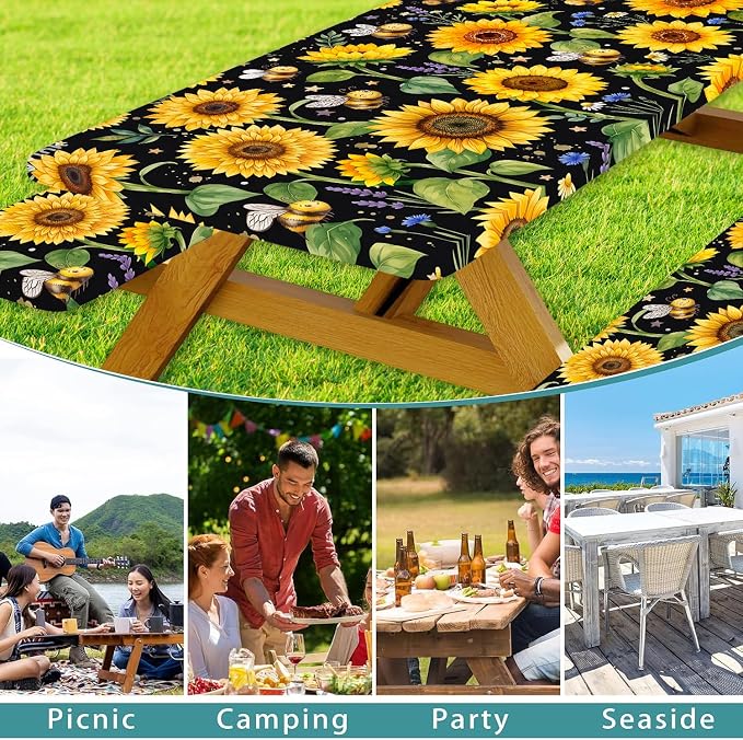 Sunflower Bee Picnic Table Cover with Bench Covers and Bag | Camping Essentials, Waterproof Windproof Camping Tablecloth with Elastic Edges, Fitted Rectangle Tables and Seats, 30x96 Inch