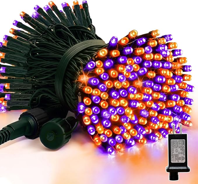 33ft Halloween Decorative Mini Lights, 100 LED Green Wire Fairy Starry String Lights Plug in, 16Lighting Modes, for Halloween Decoration Outdoor Party Decoration (Orange and Purple)