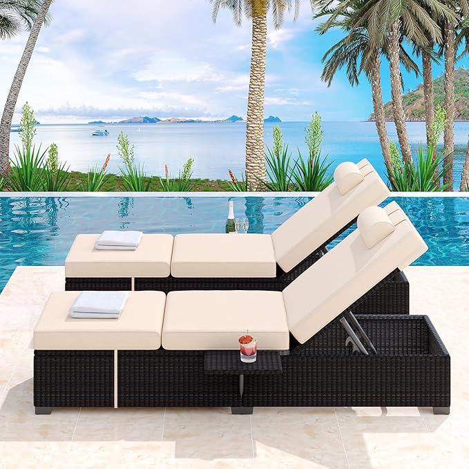 PeakPursuit Patio Lounge Chairs,Outdoor PE Wicker Chaise Lounge Set of 2,Chaise Lounge Chair Outdoor，Pool Furniture,Brown Rattan Recliners with Adjustable Backrest,Storage Table,Beige
