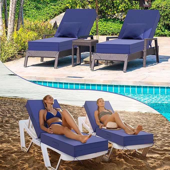 Outdoor Water-Resistant Olefin Chaise Lounge Cushions with Pillow, Weather and Fade Resistant Patio Furniture Lounge Chair Cushion Ideal for Patio, Lawn, Garden, Dark Blue, 72"L x 21"W x 5"T