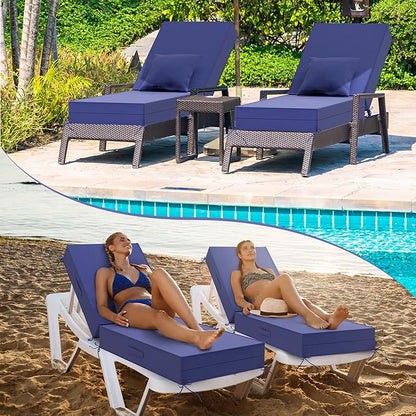 Outdoor Water-Resistant Olefin Chaise Lounge Cushions with Pillow, Weather and Fade Resistant Patio Furniture Lounge Chair Cushion Ideal for Patio, Lawn, Garden, Dark Blue, 72"L x 21"W x 5"T