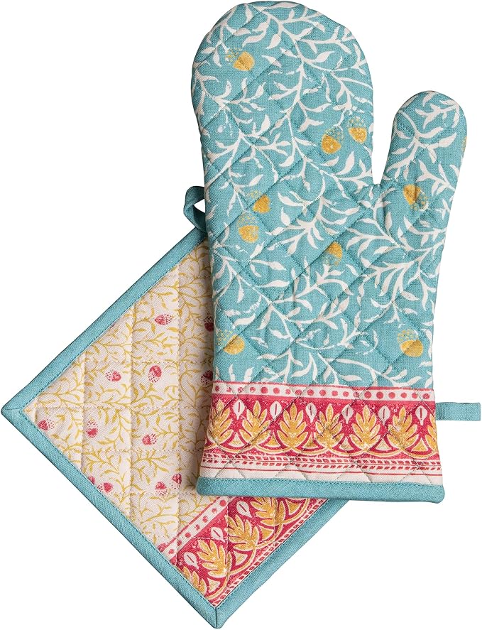 Maison d' Hermine 100% Cotton Oven Mitt & Pot Holder Set (7.5"x13" & 8"x8") | Heat Resistant BBQ Cooking Gloves with Loop Baking Grilling Kitchen Hotel Home Farmhouse Thanksgiving Christmas - Carpo