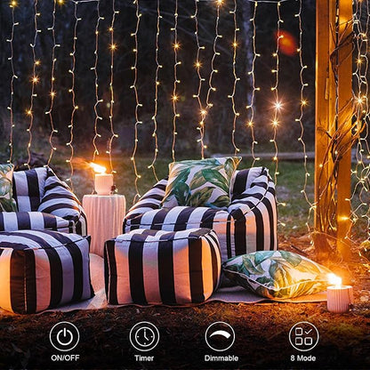echosari 9.8ft×9.8ft Curtain Lights Battery Operated with Remote Warm White | 300 LED Hanging Light Timer Fairy Curtain Lights for Bedroom Patio Wedding Backdrop Party Decór