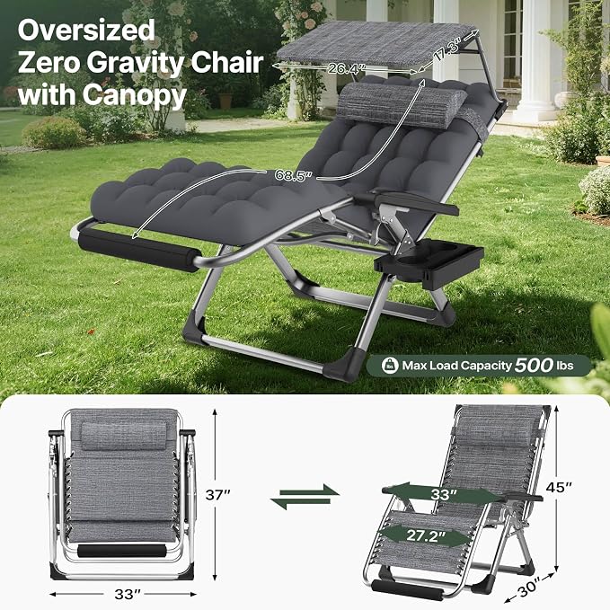 Suteck Zero Gravity Chair with Canopy,33In XXL Oversized Lounge Chairs | w/Removable Cushion&Headrest, Upgraded Lock and Footrest, Folding Reclining Patio Chairs Recliner for Indoor Outdoor