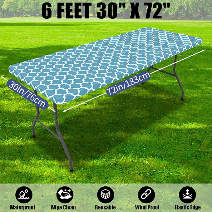 Smiry 2 Pack Rectangle Table Cloth 6 Foot, Waterproof Elastic Fitted Tablecloths, Windproof Washable Polyester Table Cover for Picnic, Camping, Outdoor (Light Blue, 30"x72")